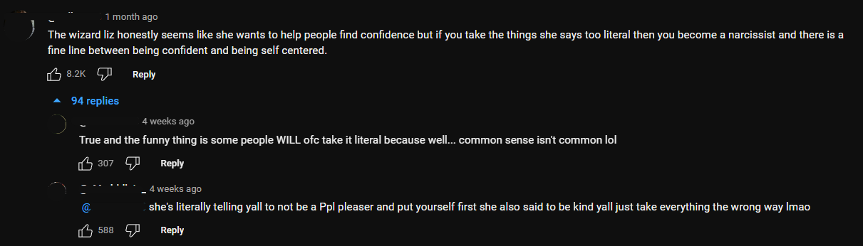 Thewizardliz female self-improvement youtuber people comments